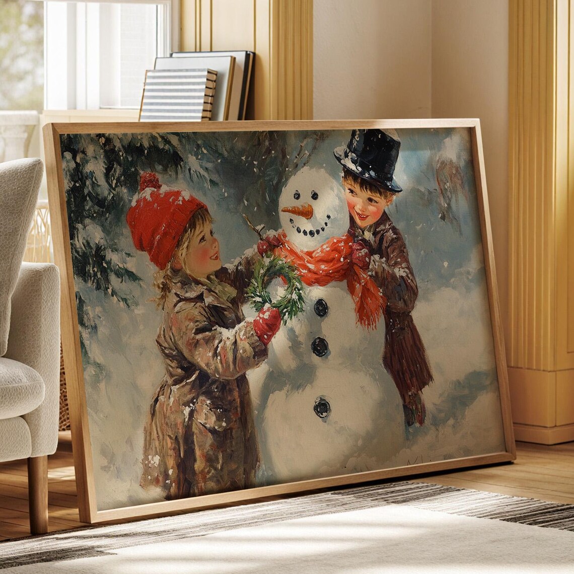 Kids Decorating Snowman Wreath Vintage Christmas Winter Art Poster