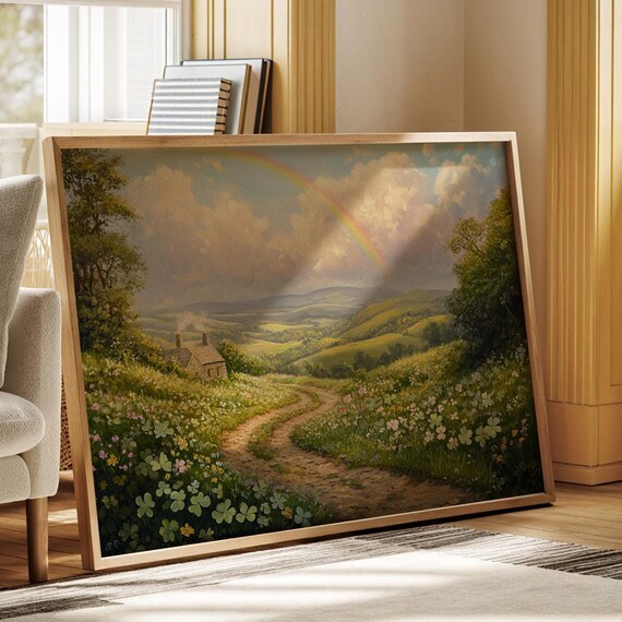 Rainbow Arched Country Cottage Winding Path Wildflower Fields Wall Art