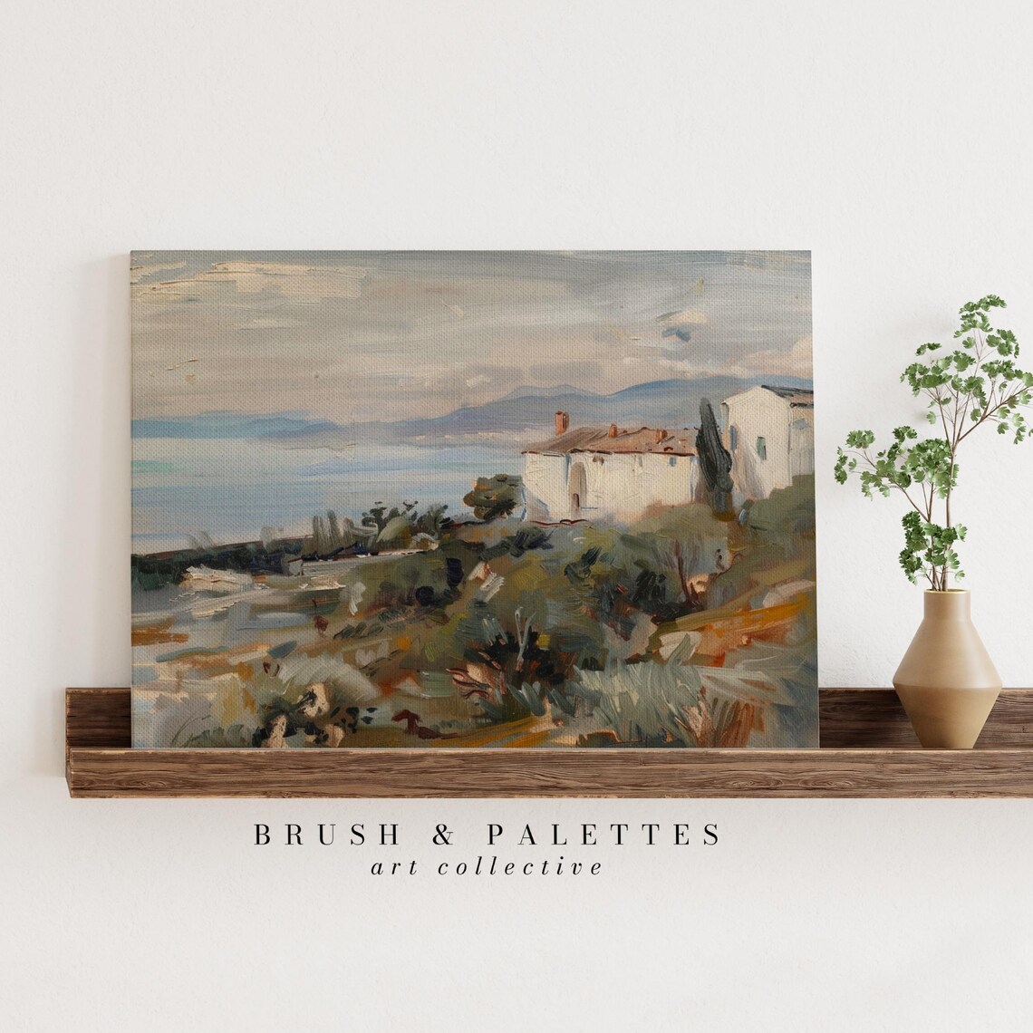 Rustic Mediterranean Coastal Painting White House By The Sea Poster