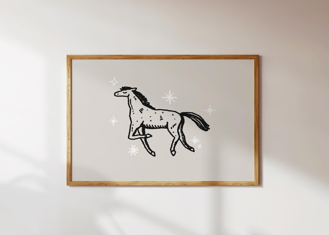 Twinkle Toes Prancing Horse Line Art Taupe Girls Nursery Wall Poster