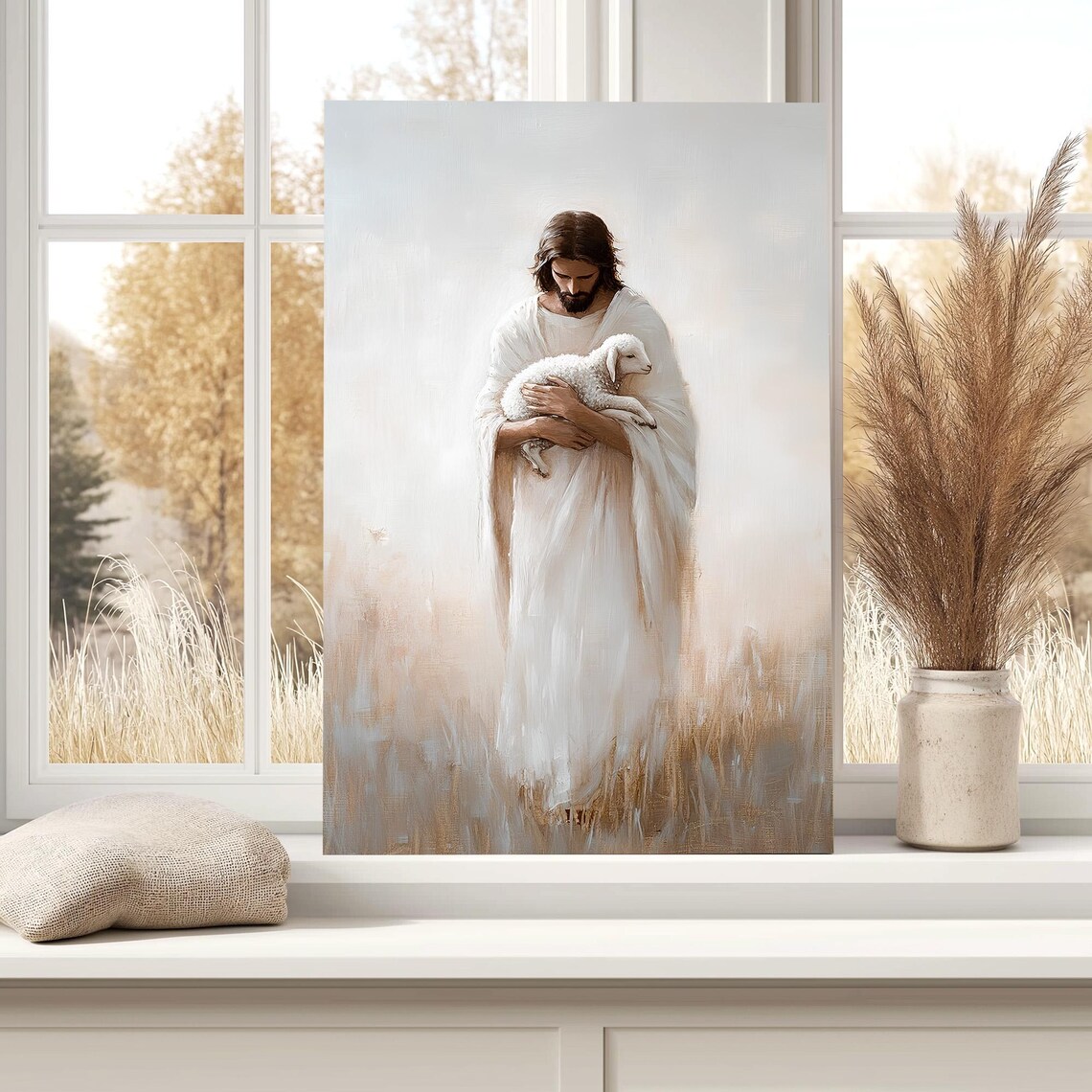 Jesus Christ Carrying Lamb In Golden Wheat Field Christian Poster - Image 6