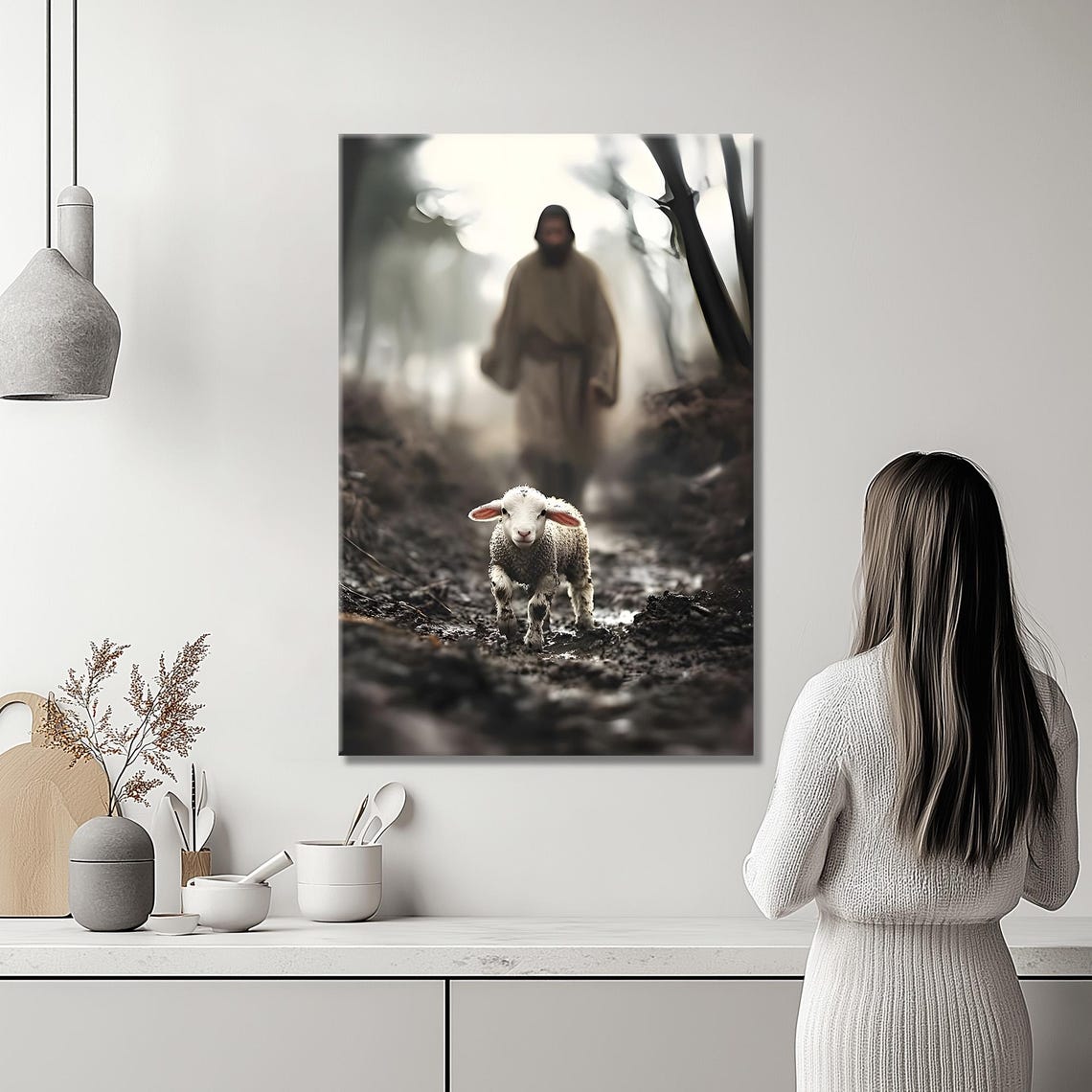 Lost Lamb On Dark Muddy Path With Shepherd Emerging Behind Poster - Image 4