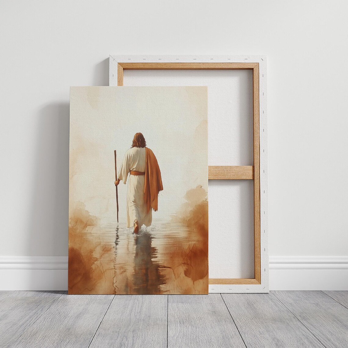 Jesus Walking On Water With Staff In Sepia Watercolor Poster - Image 5