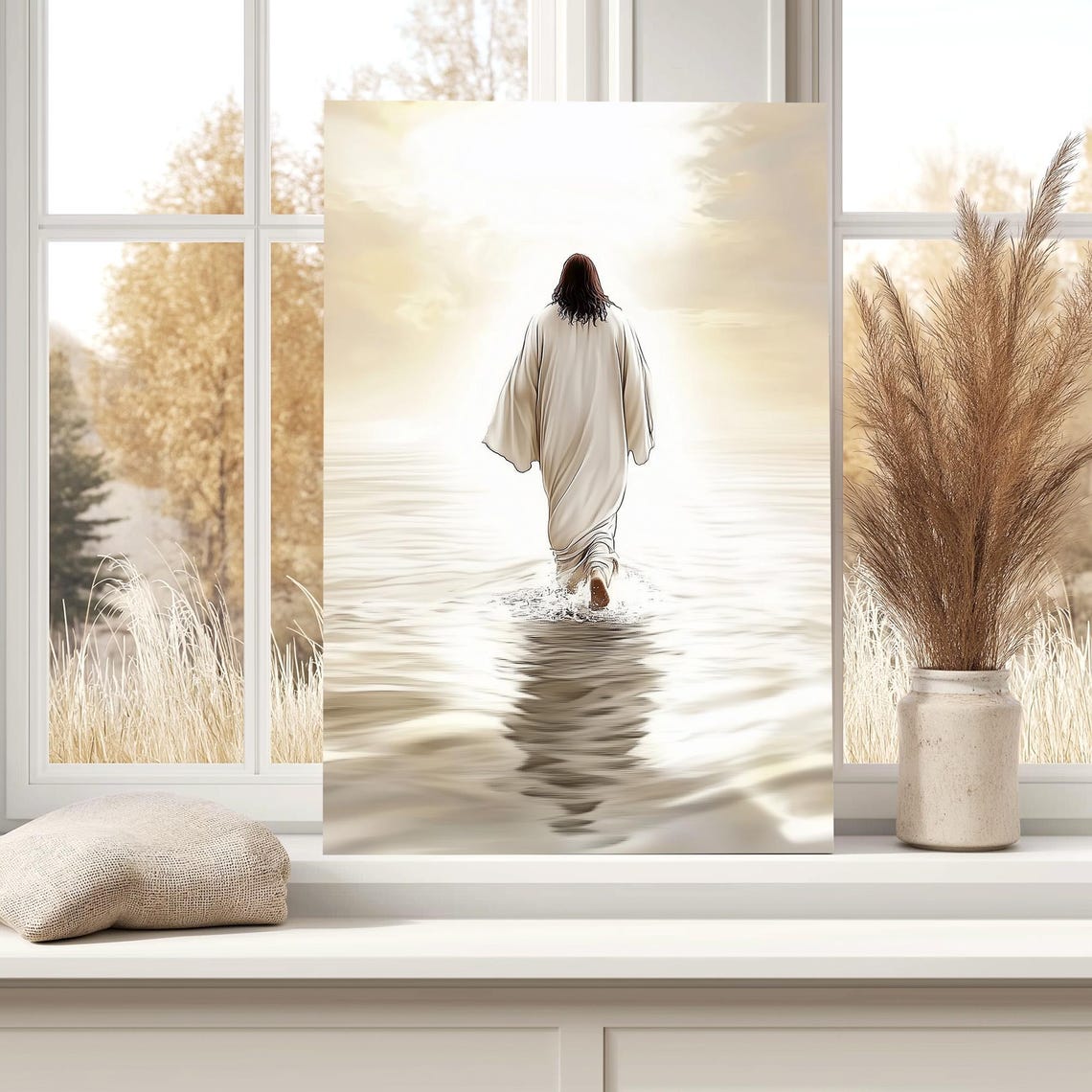 Jesus Walking On Calm Water Into Soft Heavenly White Light Poster - Image 4