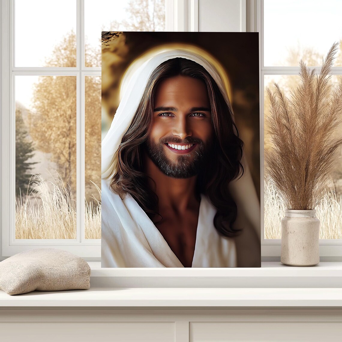 Smiling Jesus Christ Portrait With Soft Halo Close Up Poster - Image 7