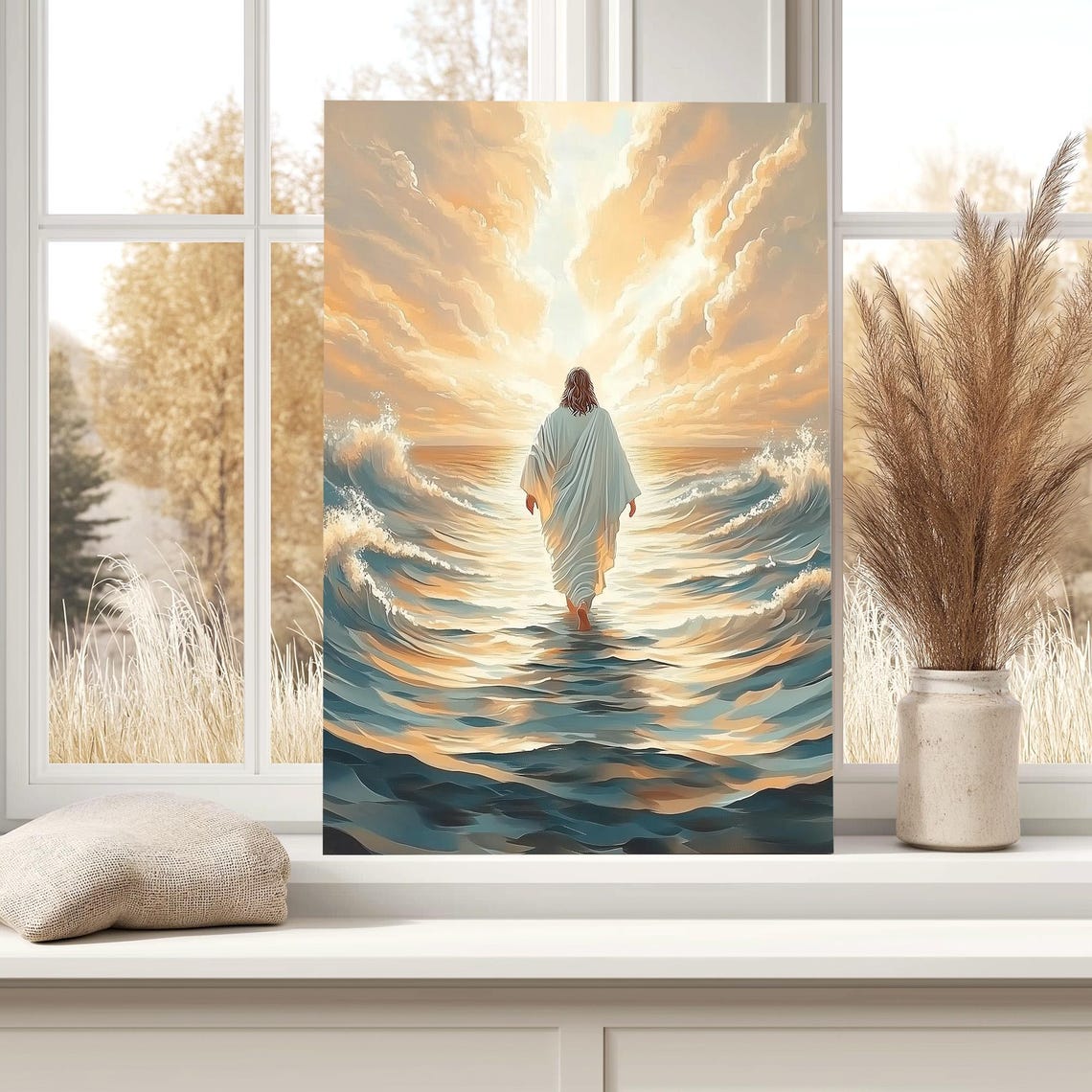Jesus Walking On Rolling Blue Waves Toward Golden Sunrise Poster - Image 4