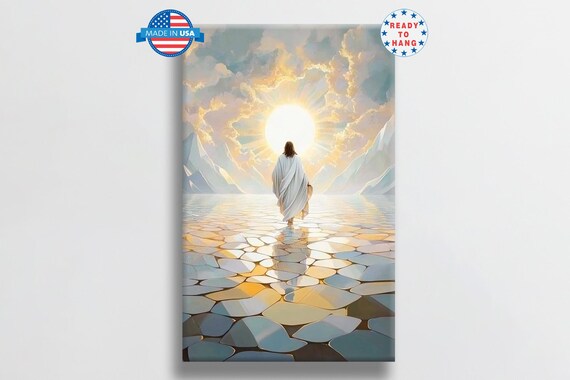 Jesus Walking On Water Into Radiant Golden Sunrise Clouds Poster