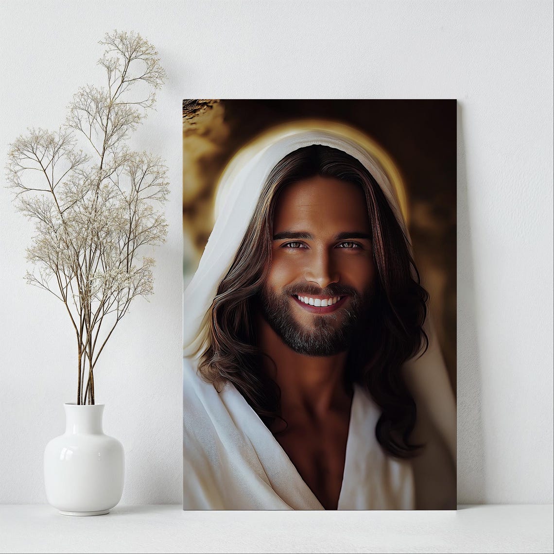 Smiling Jesus Christ Portrait With Soft Halo Close Up Poster - Image 6