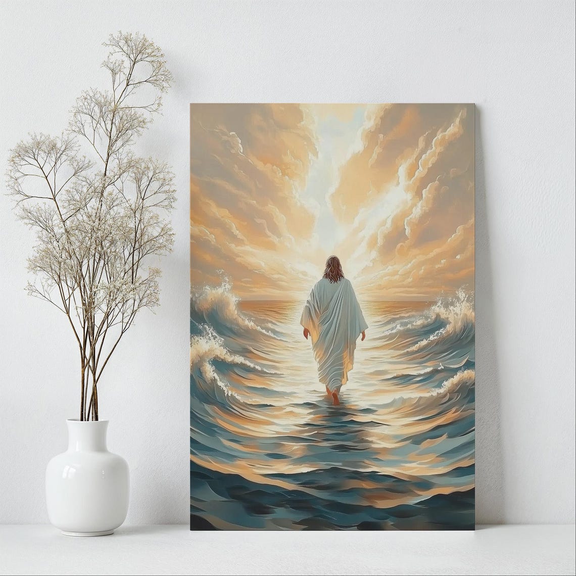 Jesus Walking On Rolling Blue Waves Toward Golden Sunrise Poster - Image 6