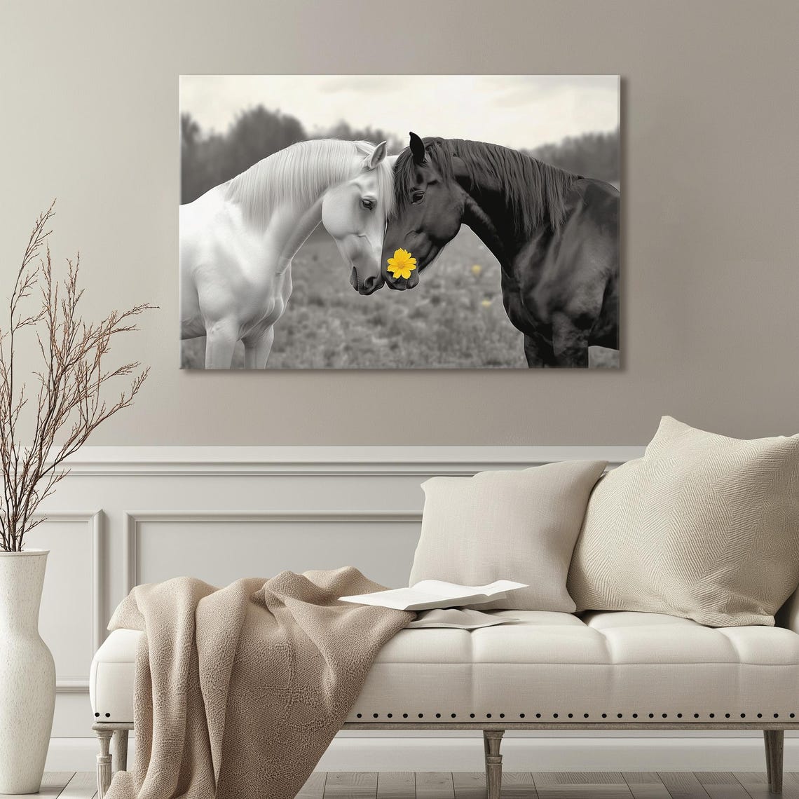 Black And White Horse Couple Nuzzling With Yellow Flower Accent Poster - Image 3