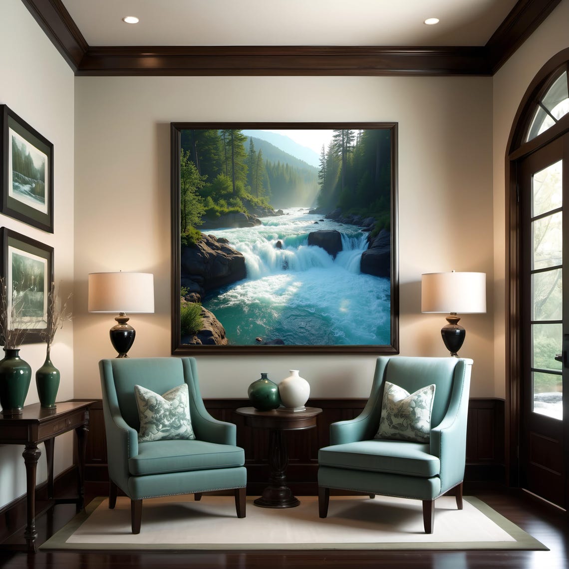 Roaring Rapids Ultra Realistic Nature Wall Art Wilderness Scene With Rapids Mountains Lush Greenery For Home - Image 3