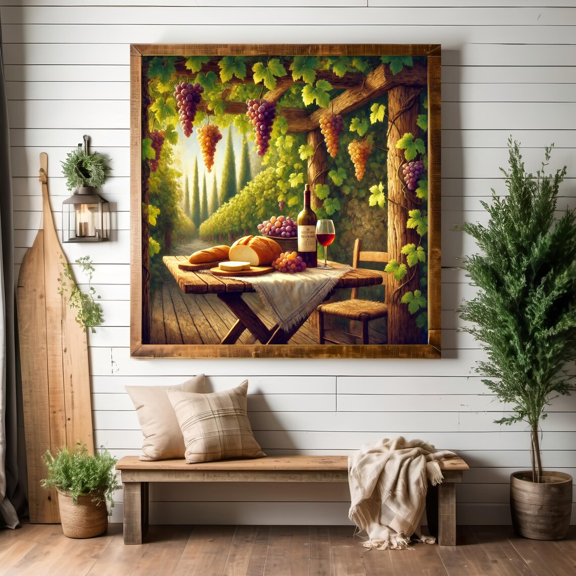 Tuscan Vineyard Pergola Wine Bottle Bread Cheese Harvest Table Scene Poster - Image 2
