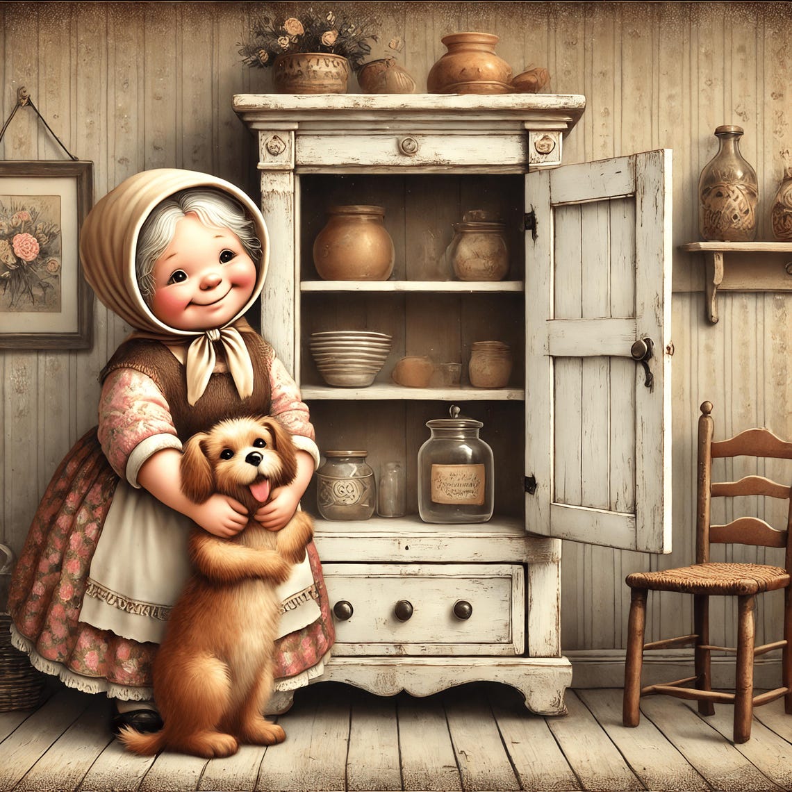 Old Mother Hubbard Hugging Her Dog By The Cupboard Art Poster