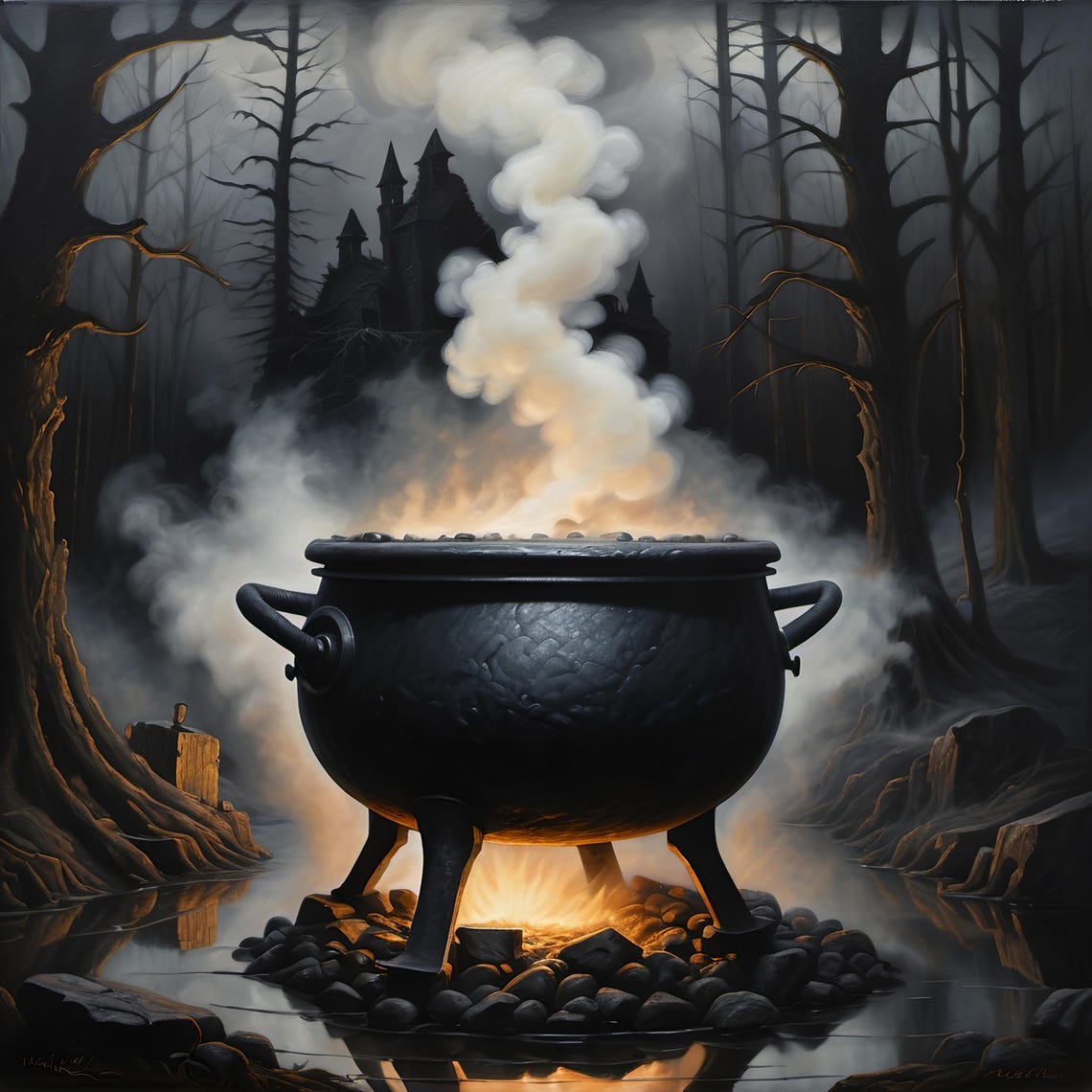 Witch Cauldron Foggy Forest Dark Castle Eerie Halloween Art Poster