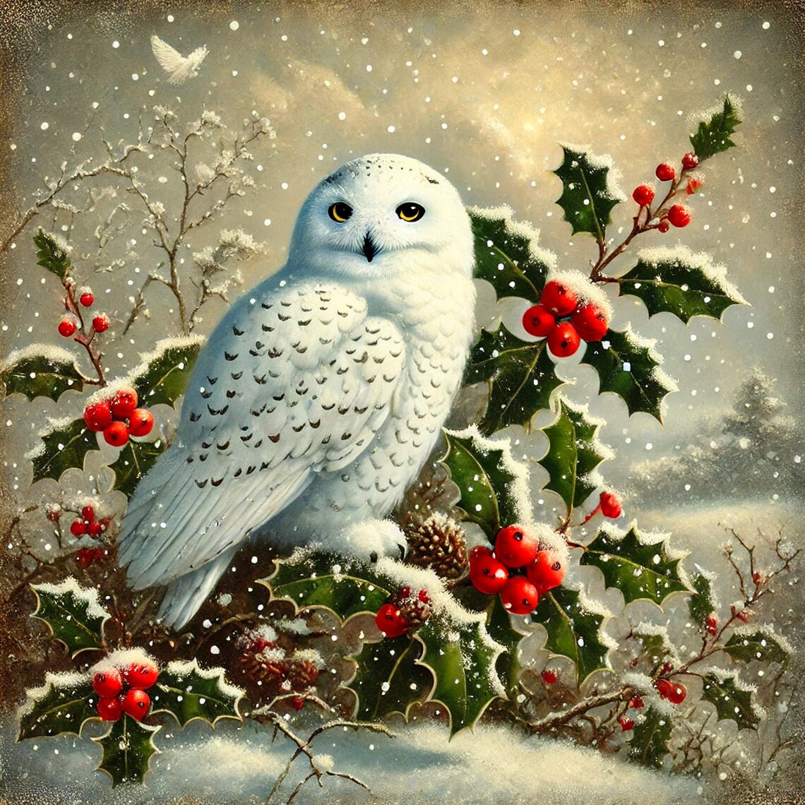 Regal Snowy Owl on Winter Holly Branch Snowfall Nature Art Print