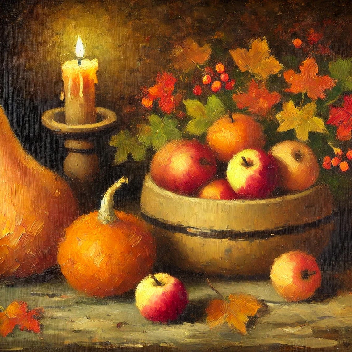 Cozy Autumn Still Life Apples Pumpkins Candle Glow Harvest Oil Poster