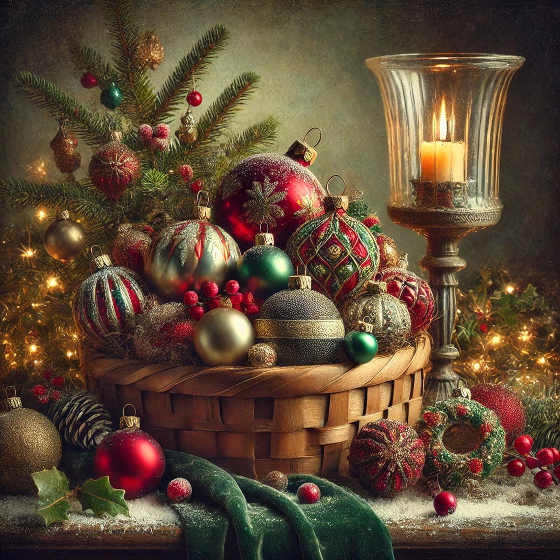 Vintage Christmas Ornaments Basket Antique Bauble Still Life Print