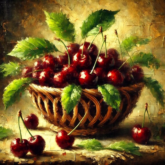 Vintage Cherries Still Life Print Rustic Kitchen Wall Art Fruit Painting For Farmhouse Dcor Lover Gift Idea For Her