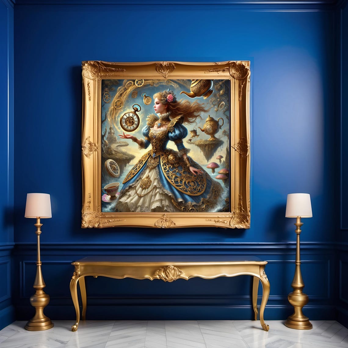 Steampunk Tea Party Queen Pocket Watch Gears Blue Gold Fantasy Poster - Image 3