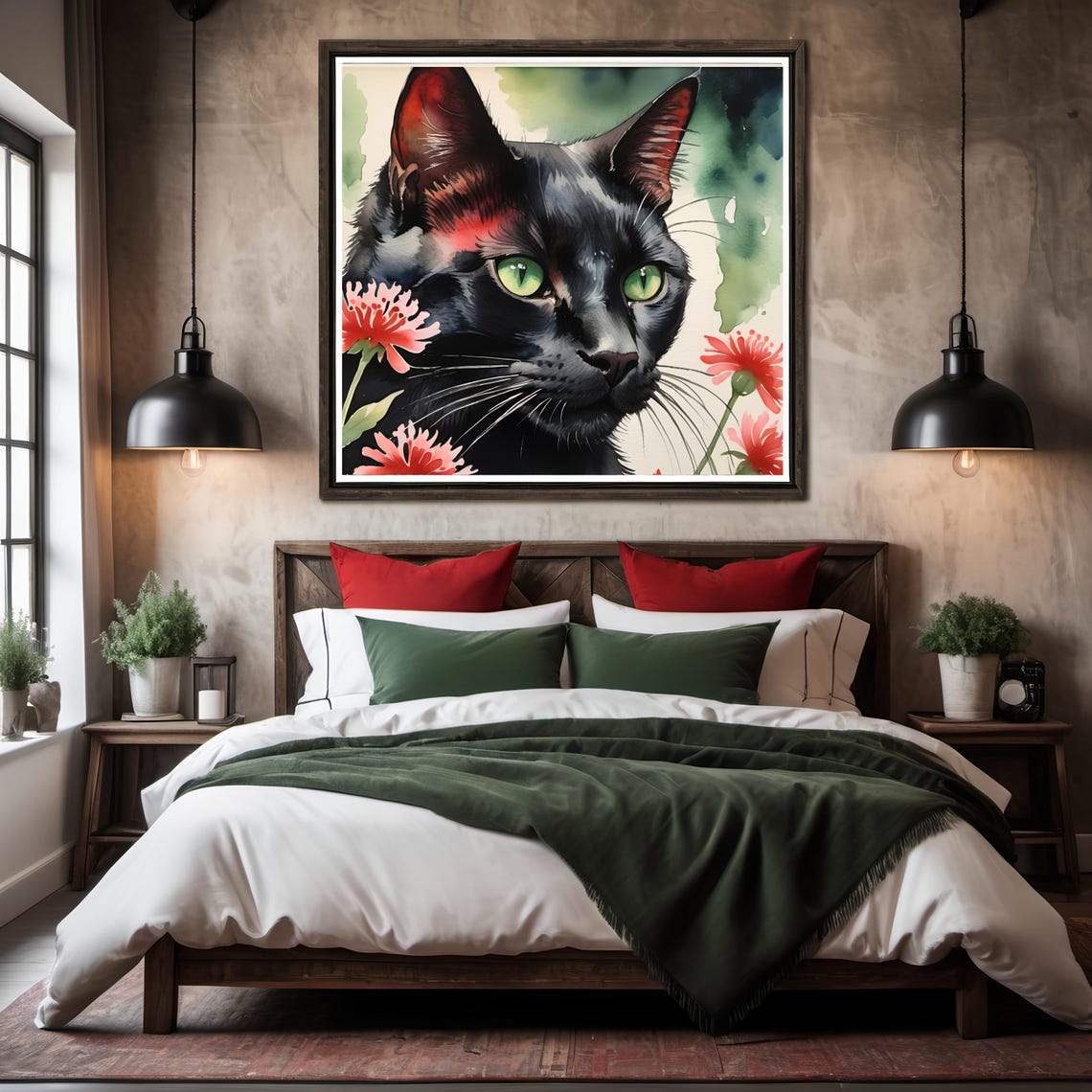 Black Cat Emerald Eyes Watercolor Red Floral Garden Art Print - Image 2