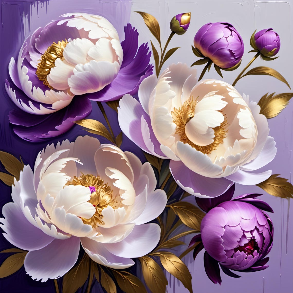 Purple White Peony Bouquet Golden Leaves Regal Floral Art Poster