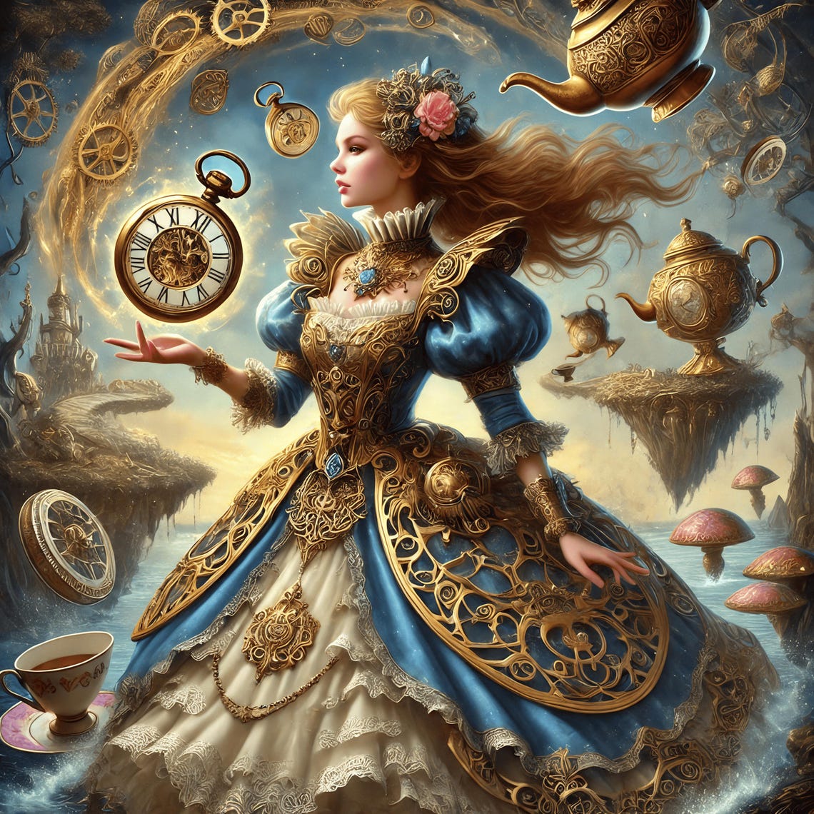 Steampunk Tea Party Queen Pocket Watch Gears Blue Gold Fantasy Poster
