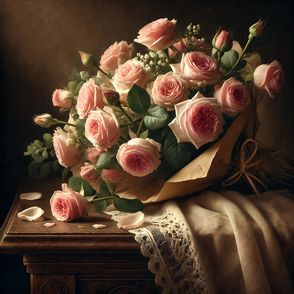 Soft Pink Roses Bouquet with Lace Vintage Romantic Floral Print