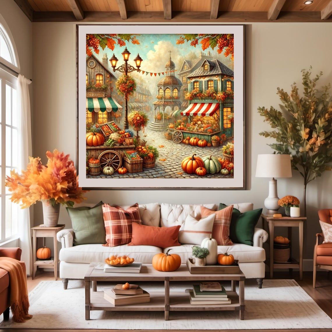 Charming Autumn Village Market Pumpkins Cobblestone Cozy Fall Poster - Image 2