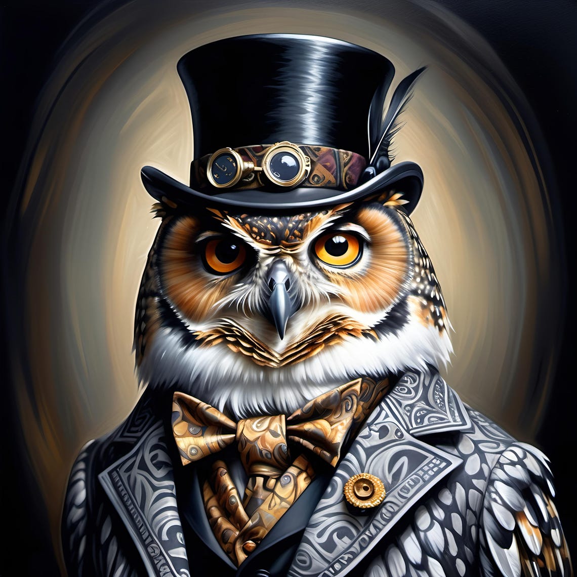 Victorian Steampunk Owl in Top Hat with Goggles Portrait Wall Art