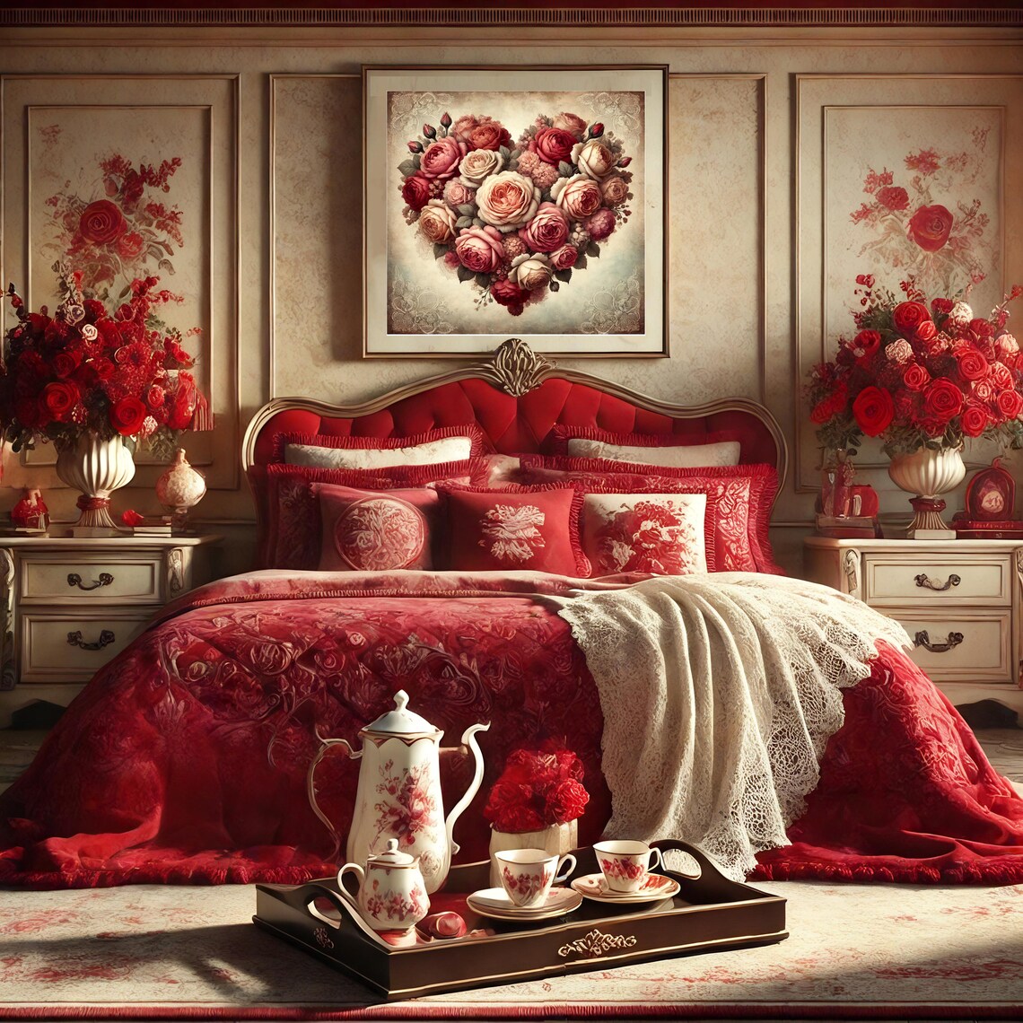 Romantic Vintage Rose Heart Bouquet Floral Valentine Wall Art - Image 2