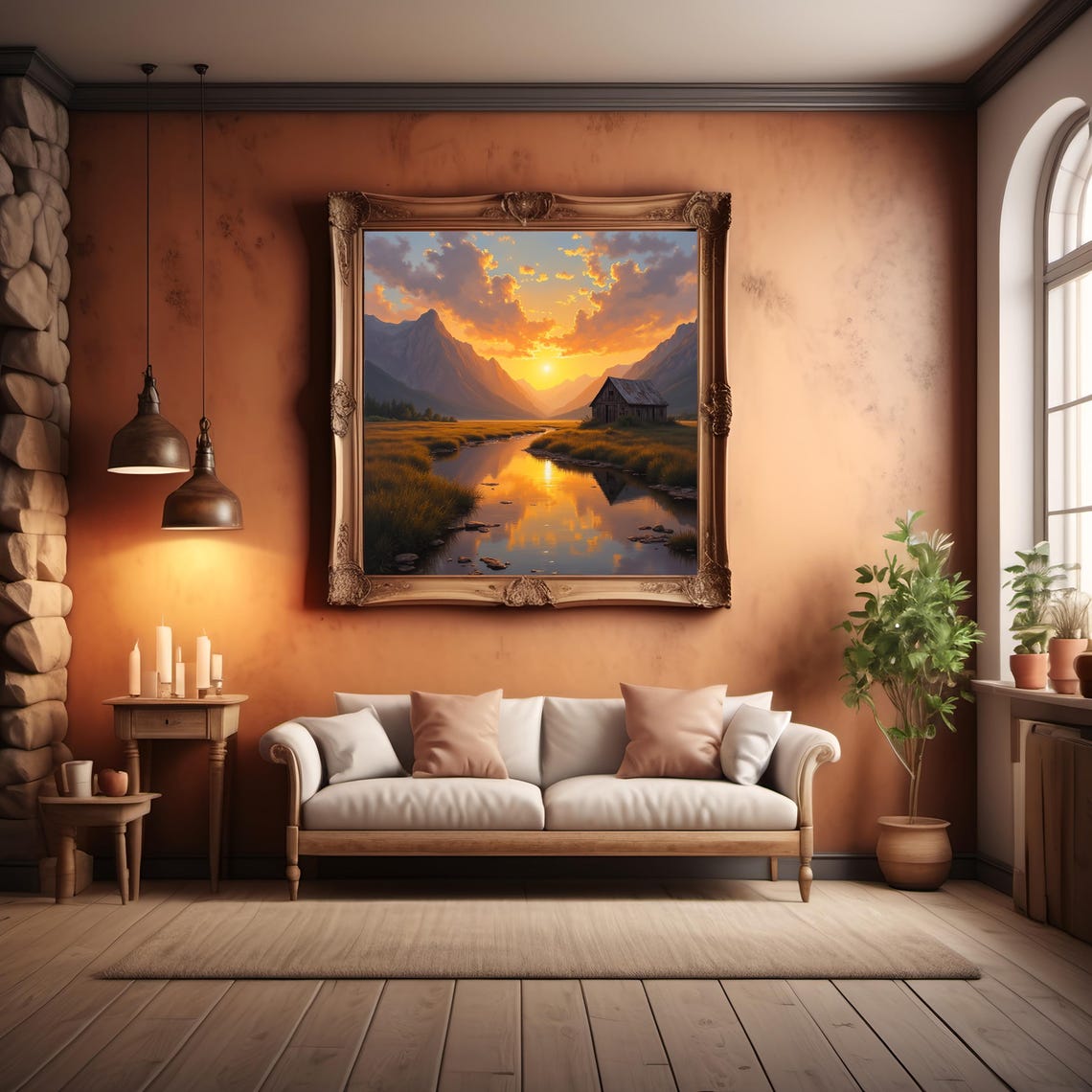 Golden Sunset Over Mountain Valley With Rustic Cabin And River Poster - Image 2