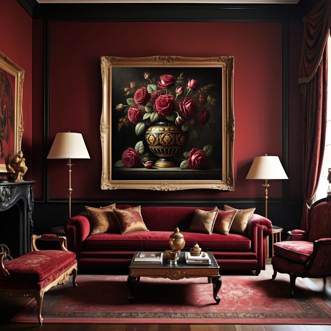 Flemish Baroque Dark Red Roses Gold Vase Dramatic Still Life Poster - Image 3