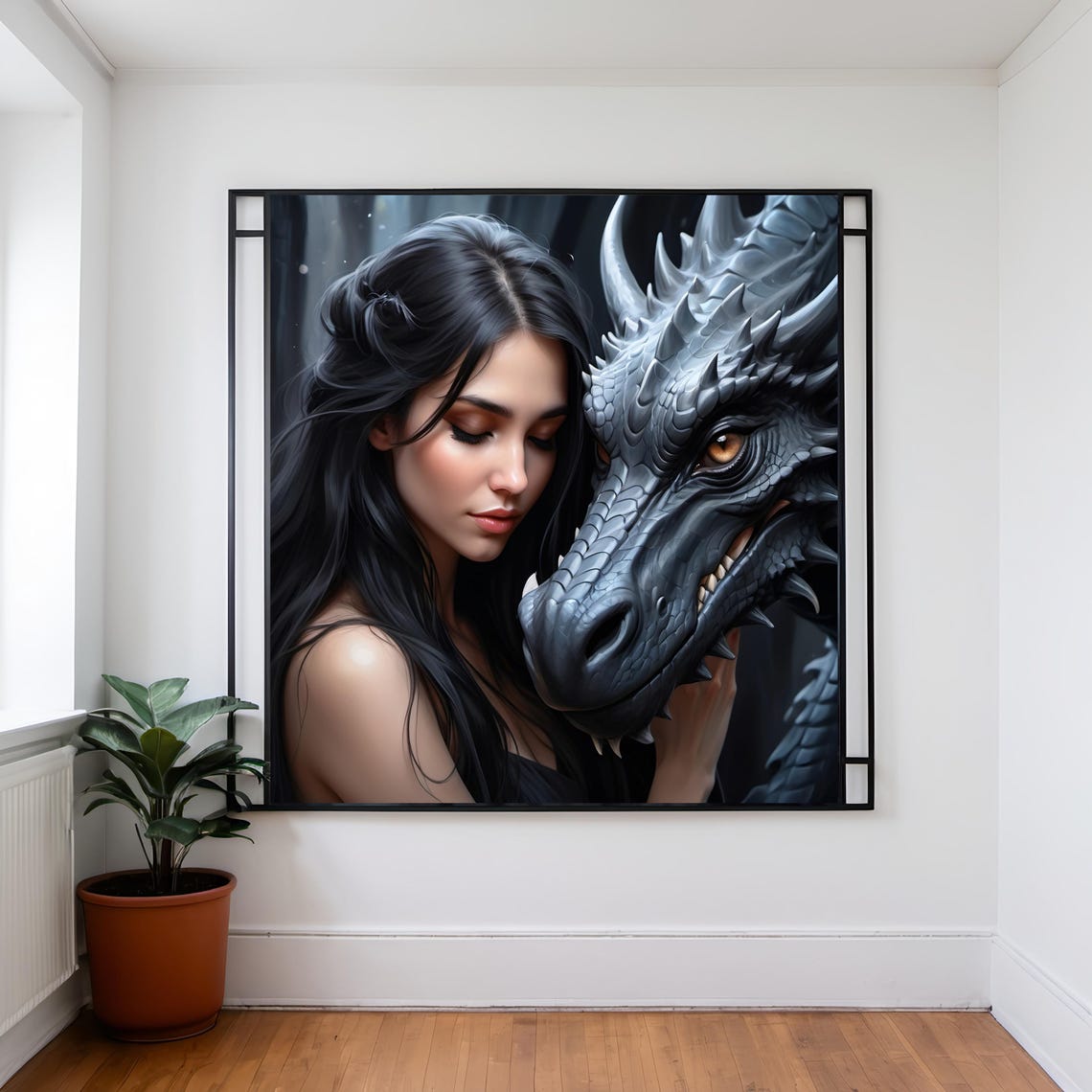 Black Haired Beauty And Dark Grey Dragon Gothic Fantasy Art Poster - Image 2
