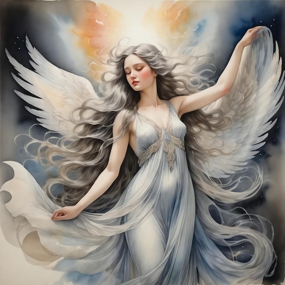 Angel Dancing in Clouds Swirling Silver Hair Ethereal Art Print