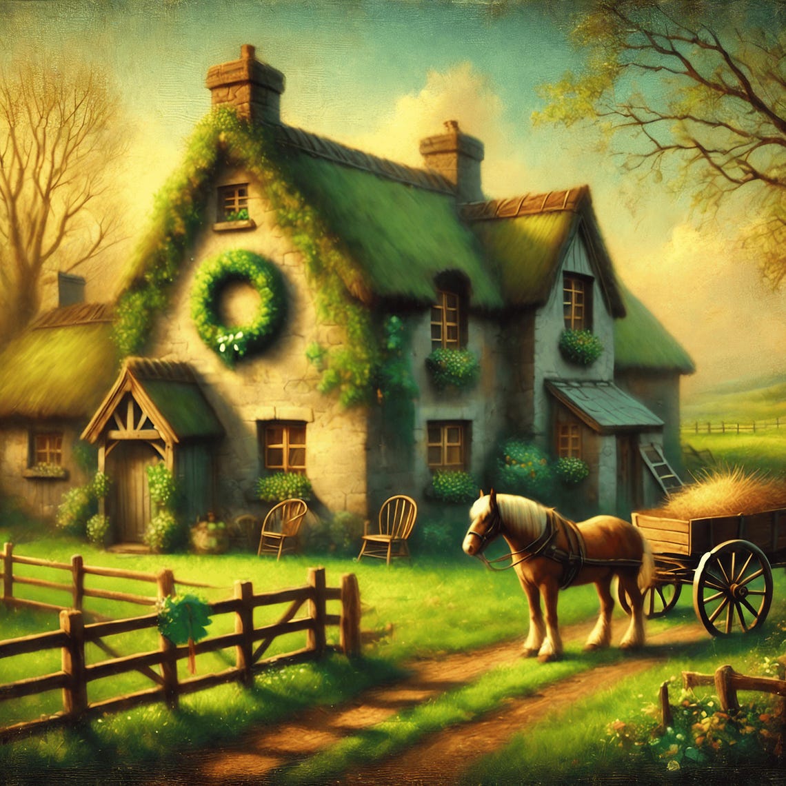 Irish Thatched Cottage Horse Cart Shamrock Wreath Rustic Wall Poster