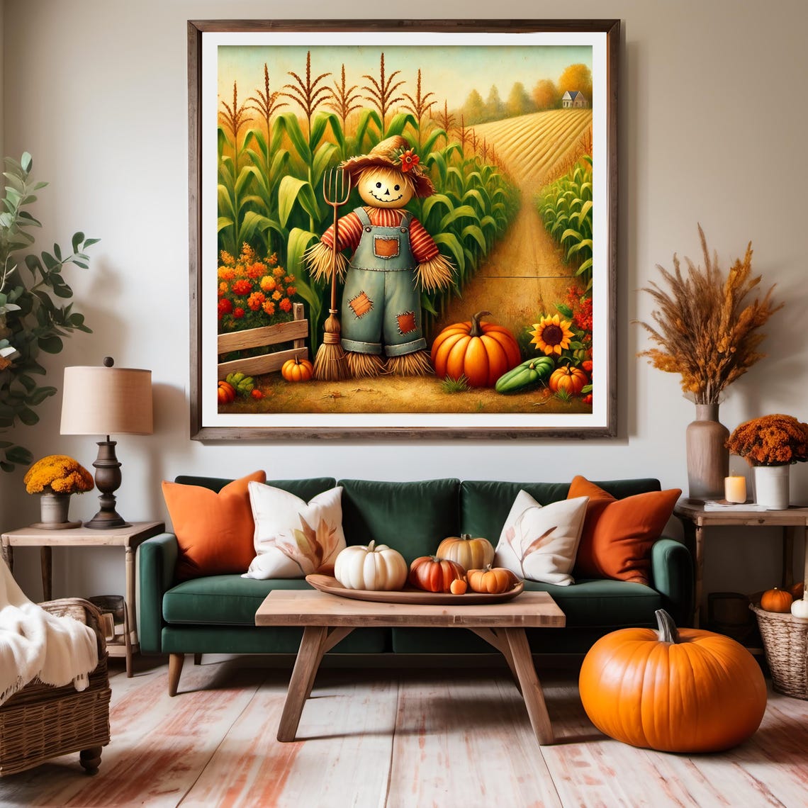 Rustic Scarecrow Fall Harvest Cornfield Pumpkins Vintage Autumn Poster - Image 2