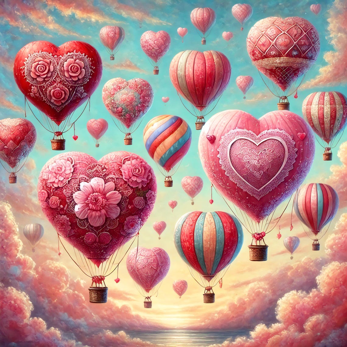 Heart Shaped Hot Air Balloons Floating At Sunset Valentine Poster