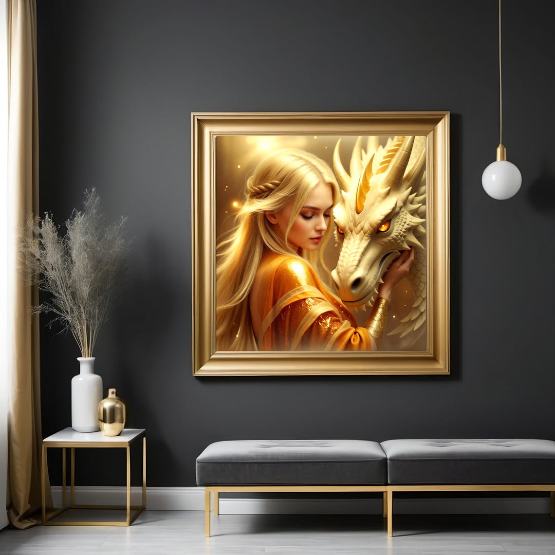 Golden Sorceress And White Gold Dragon Warm Glow Fantasy Art Poster - Image 2