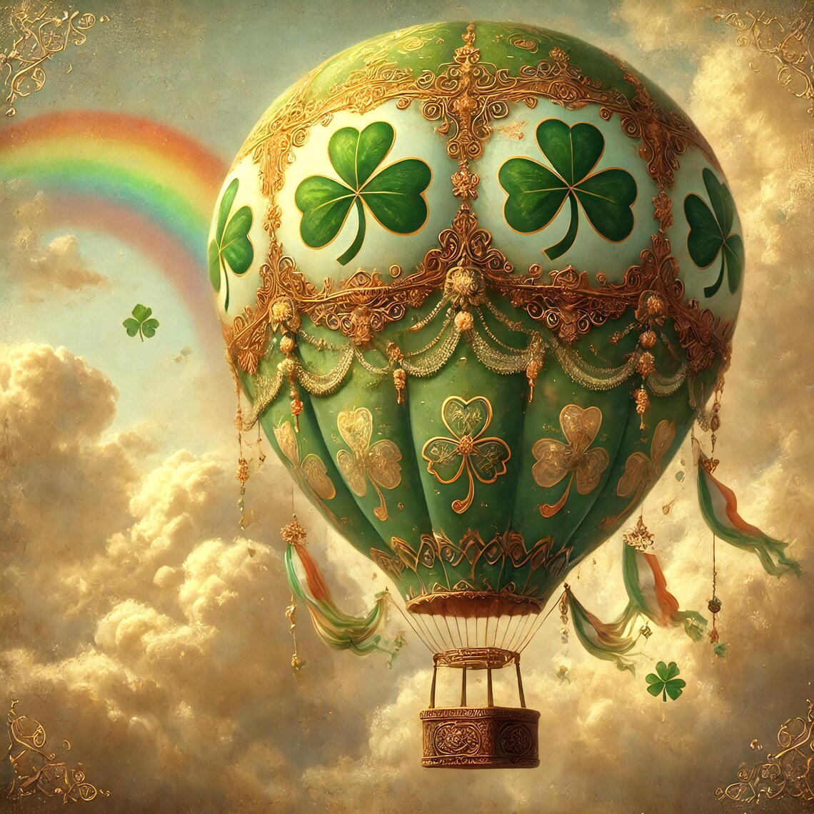 Shamrock Hot Air Balloon Rainbow Irish Gold Vintage Fantasy Poster