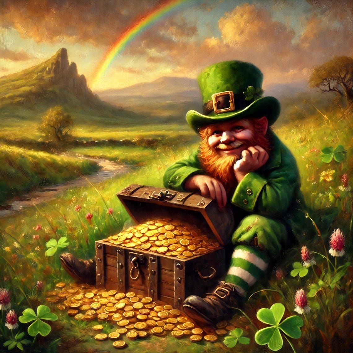 Leprechaun Gold Treasure Chest Rainbow Clover Whimsical Art Poster