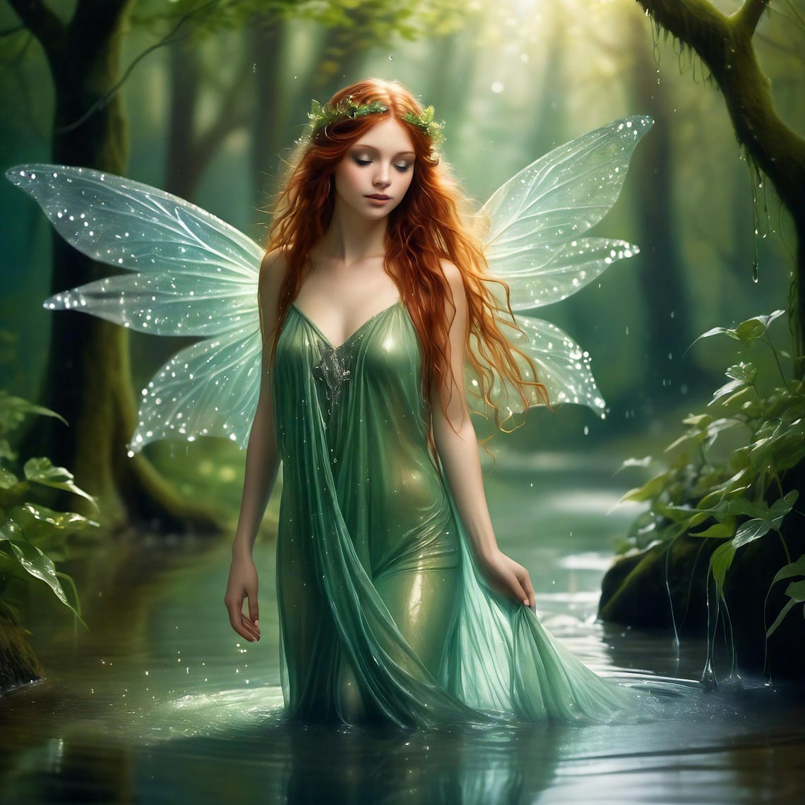 Enchanted Forest Fairy Standing In The Woodland Stream Art Poster