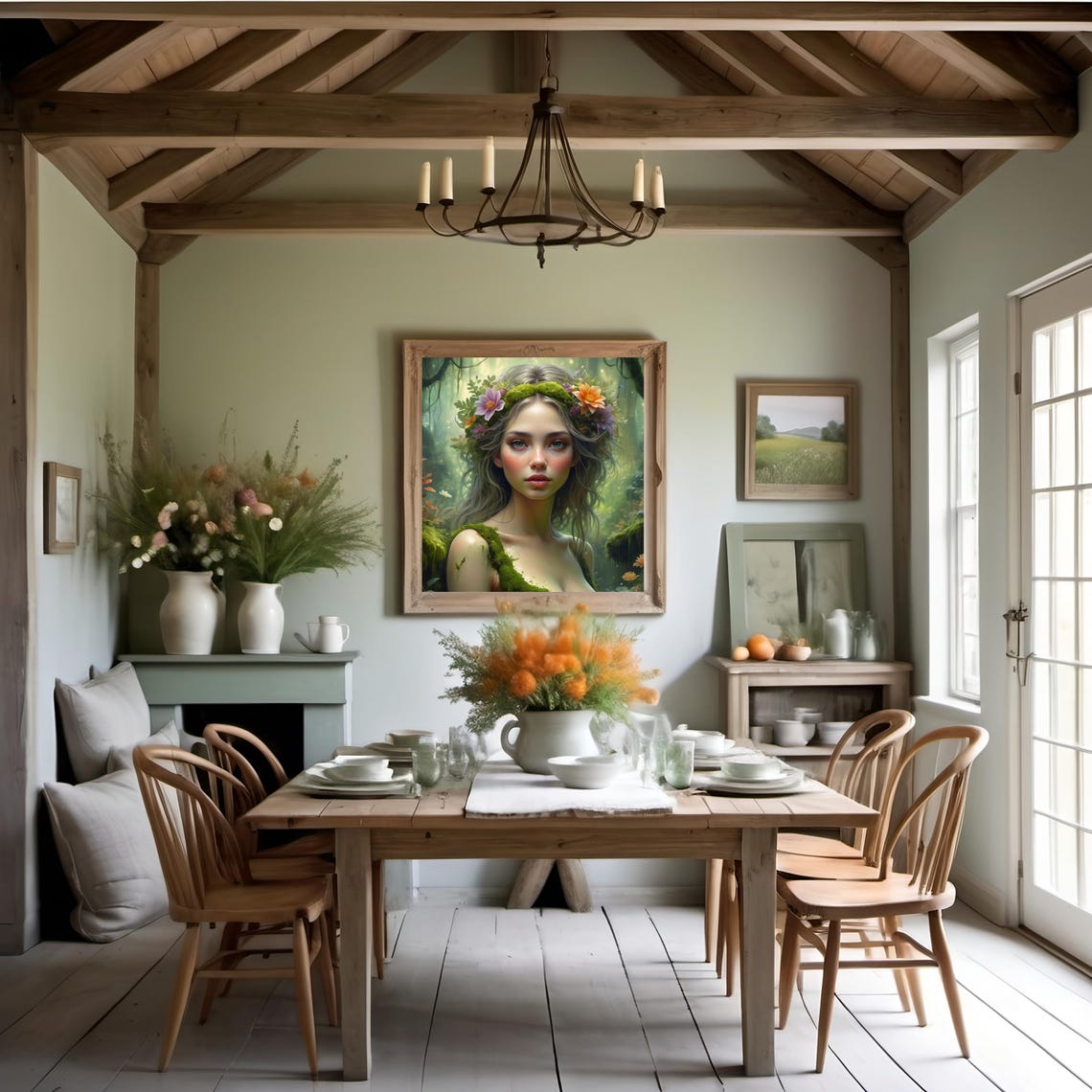 Dreamy Forest Nature Goddess with Moss and Floral Crown Wall Art - Image 2