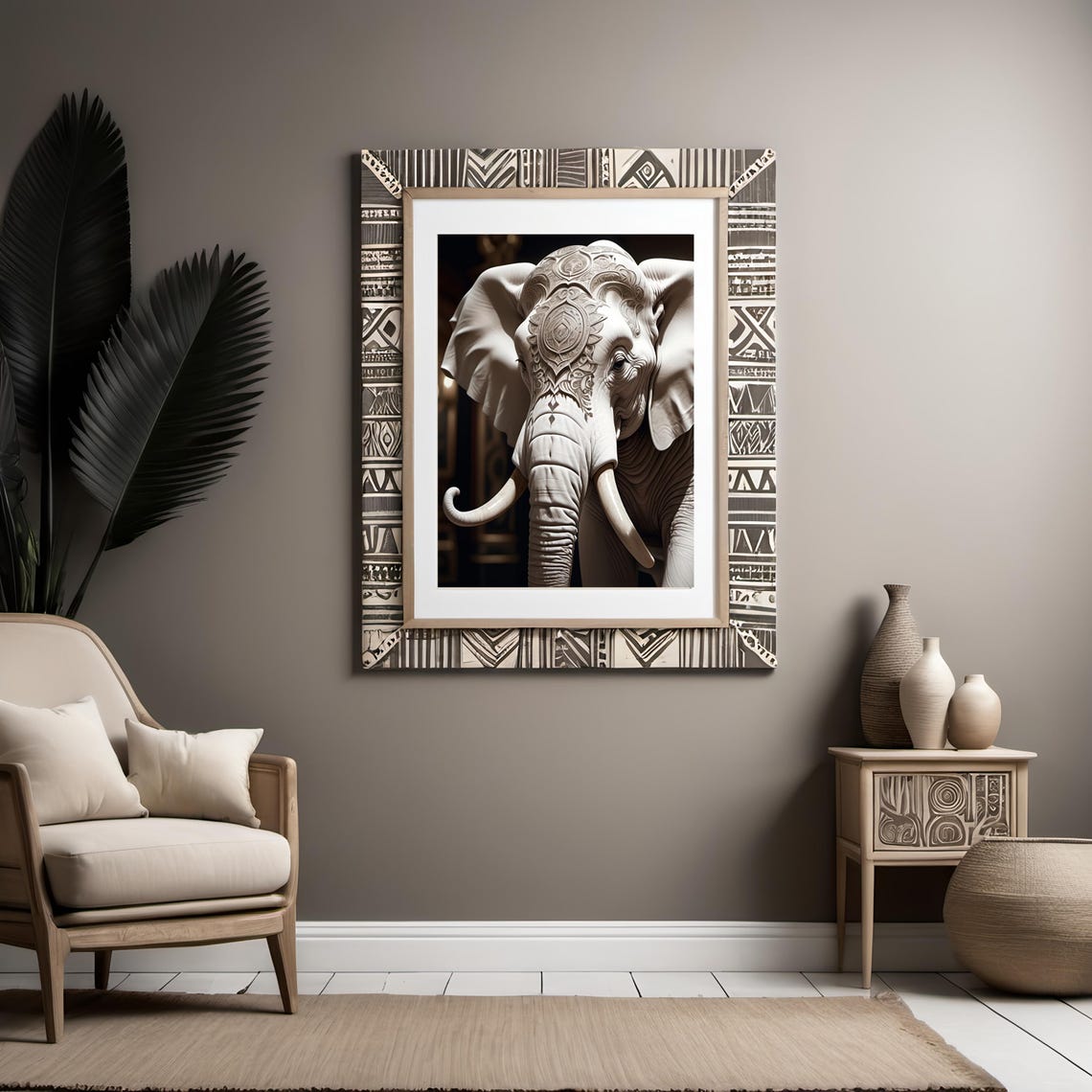 White Elephant Portrait Intricate Mandala Tattoo Elegant Art Poster - Image 3