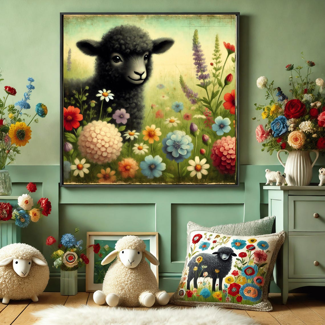 Baa Baa Black Sheep Colorful Wildflower Garden Nursery Poster - Image 3