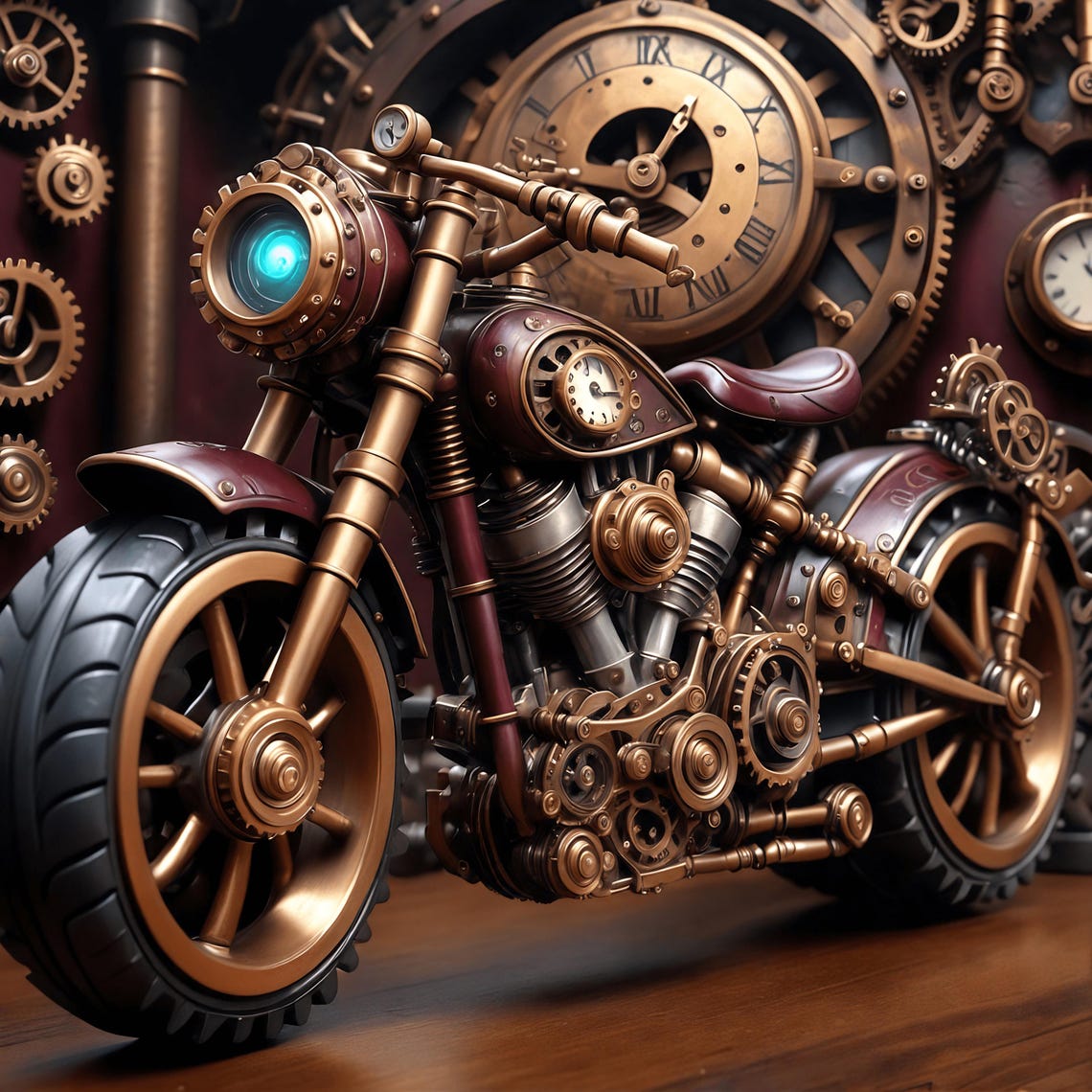 Steampunk Motorcycle Clockwork Gears Copper Industrial Fantasy Print