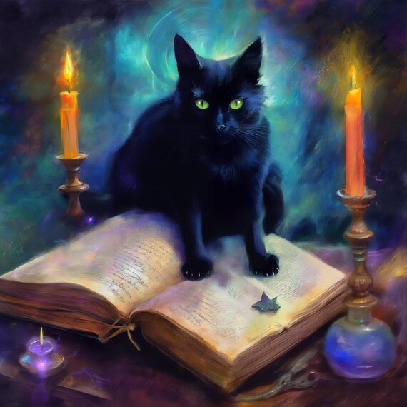 Black Cat Magic Book Candles Mystical Teal Witchy Halloween Poster