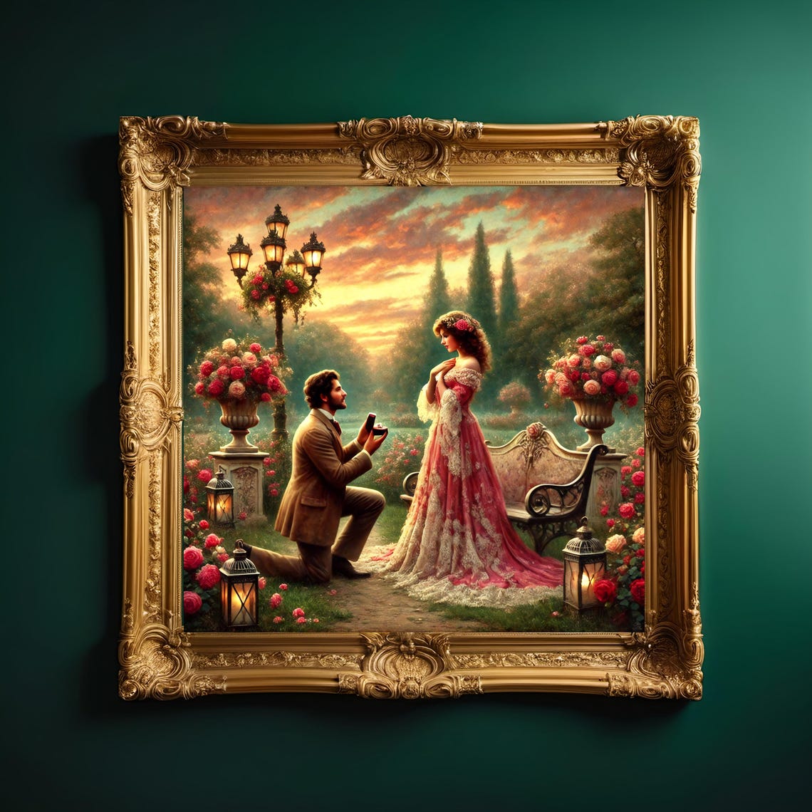 Romantic Garden Proposal Sunset Roses Lanterns Engagement Poster - Image 3