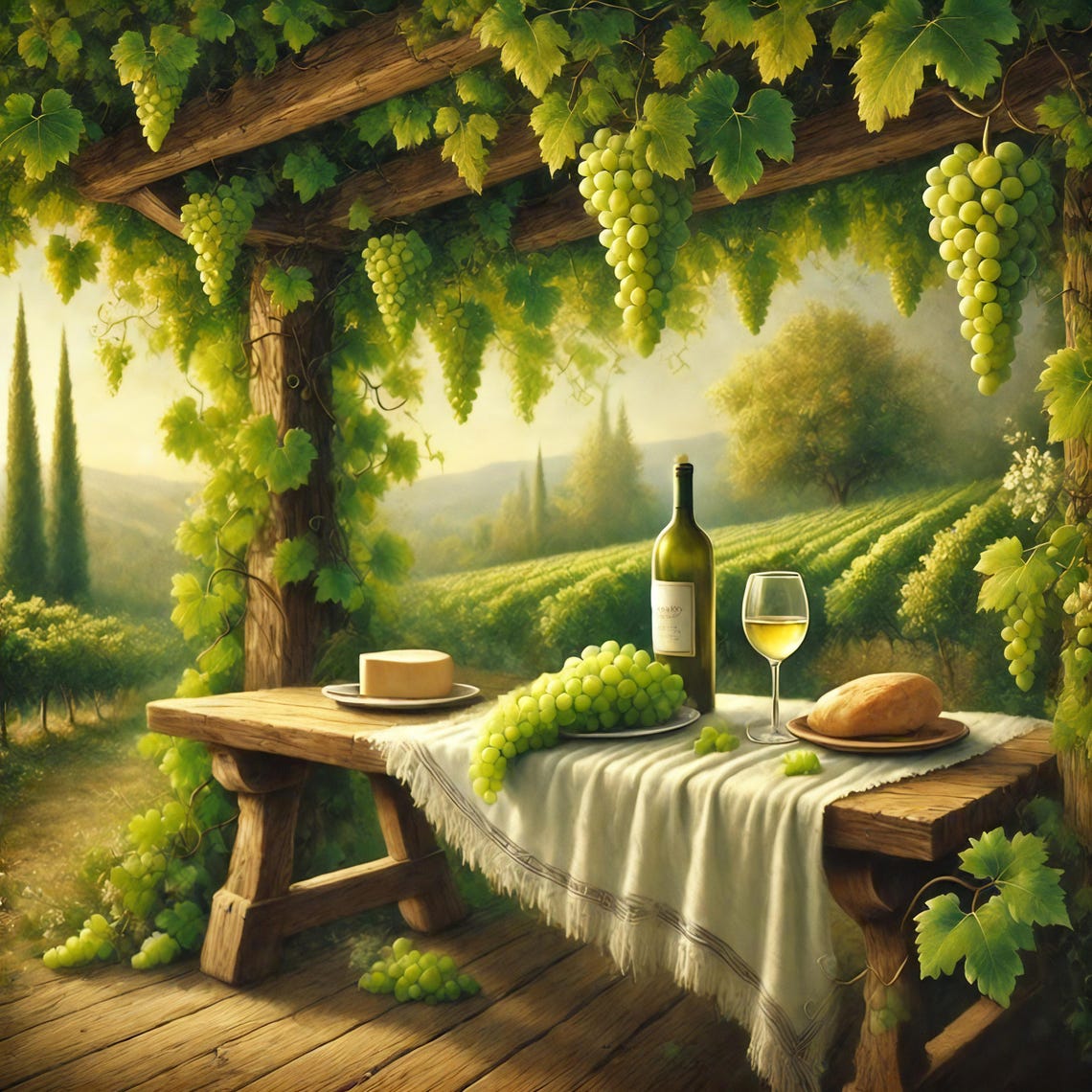 Rustic Vineyard Pergola Table with Wine and Grapes Summer Wall Art