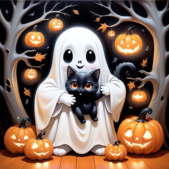 Adorable Ghost Hugging Black Kitten Among Glowing Pumpkins Halloween Poster