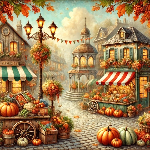 Charming Autumn Village Market Pumpkins Cobblestone Cozy Fall Poster